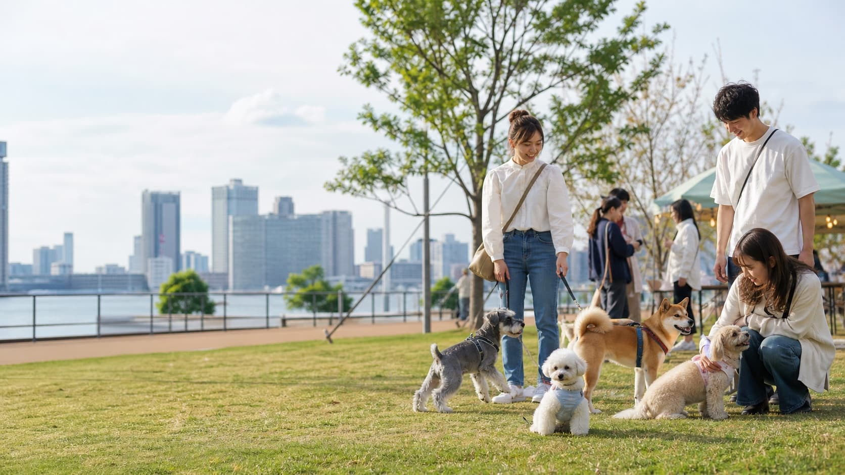ベイサイドのドッグパークで愛犬と過ごす家族