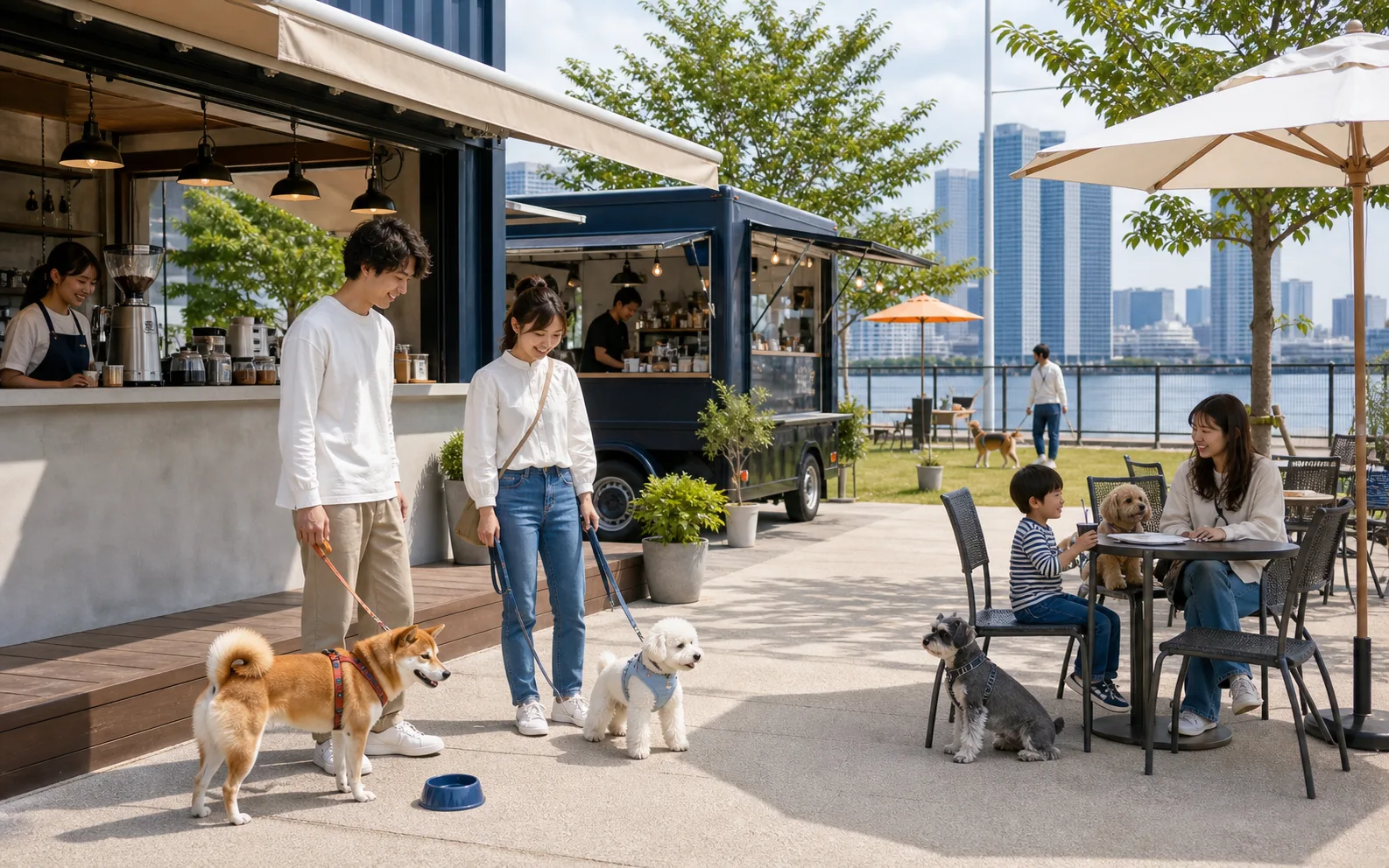海沿いのカフェとキッチンカーで犬連れの家族が過ごす様子