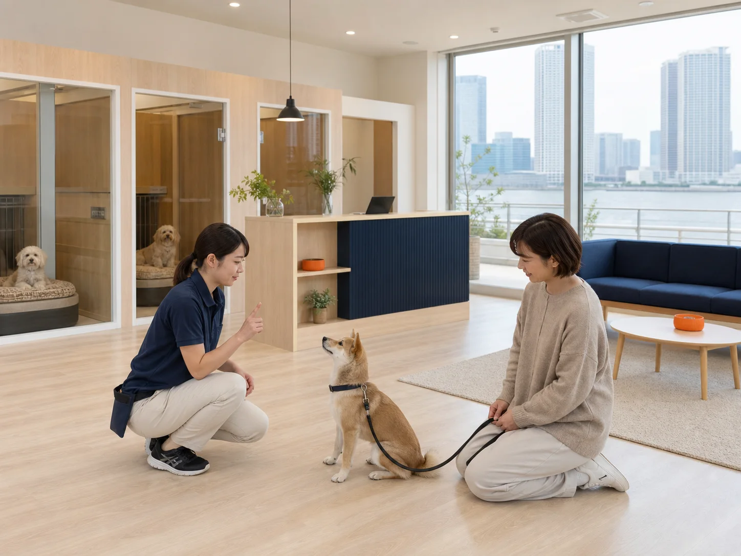 ドッグホテルとしつけ教室でトレーナーと飼い主が犬に基本動作を教える様子