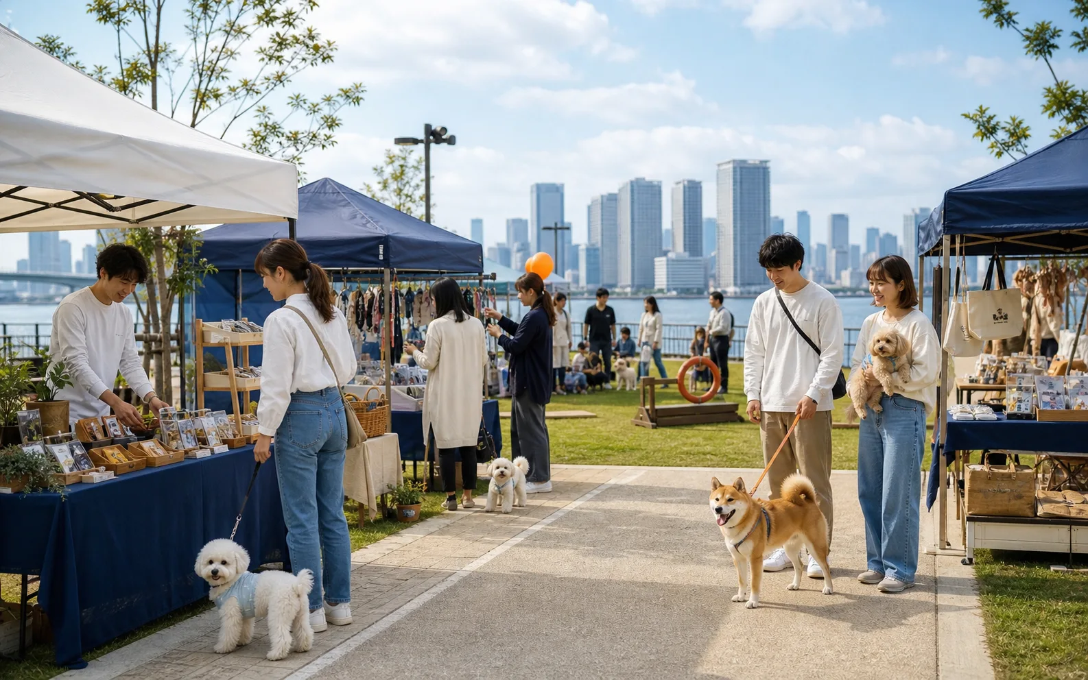 海沿いのマーケットとイベントブースを犬連れで巡る様子