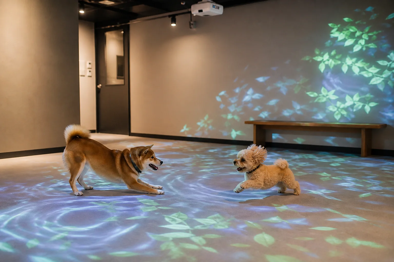 床に映る光の中で犬たちが遊ぶAI生成イメージ