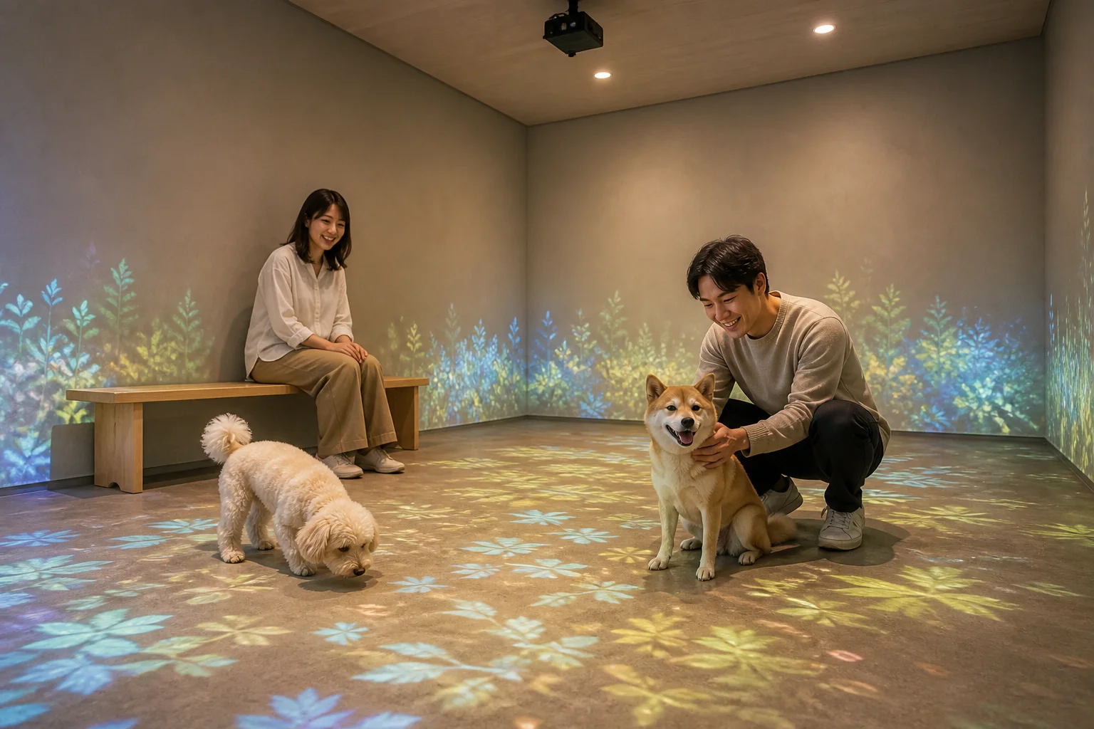 ゆとりのある室内ドッグランで愛犬と過ごすAI生成イメージ